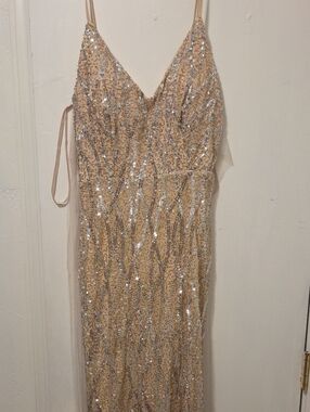 Jump Sequin V-Neck Nude Evening Dress, Slit. Low Back
